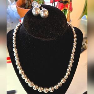 Silver Bead Necklace and Earrings Set - Festive Holiday Style